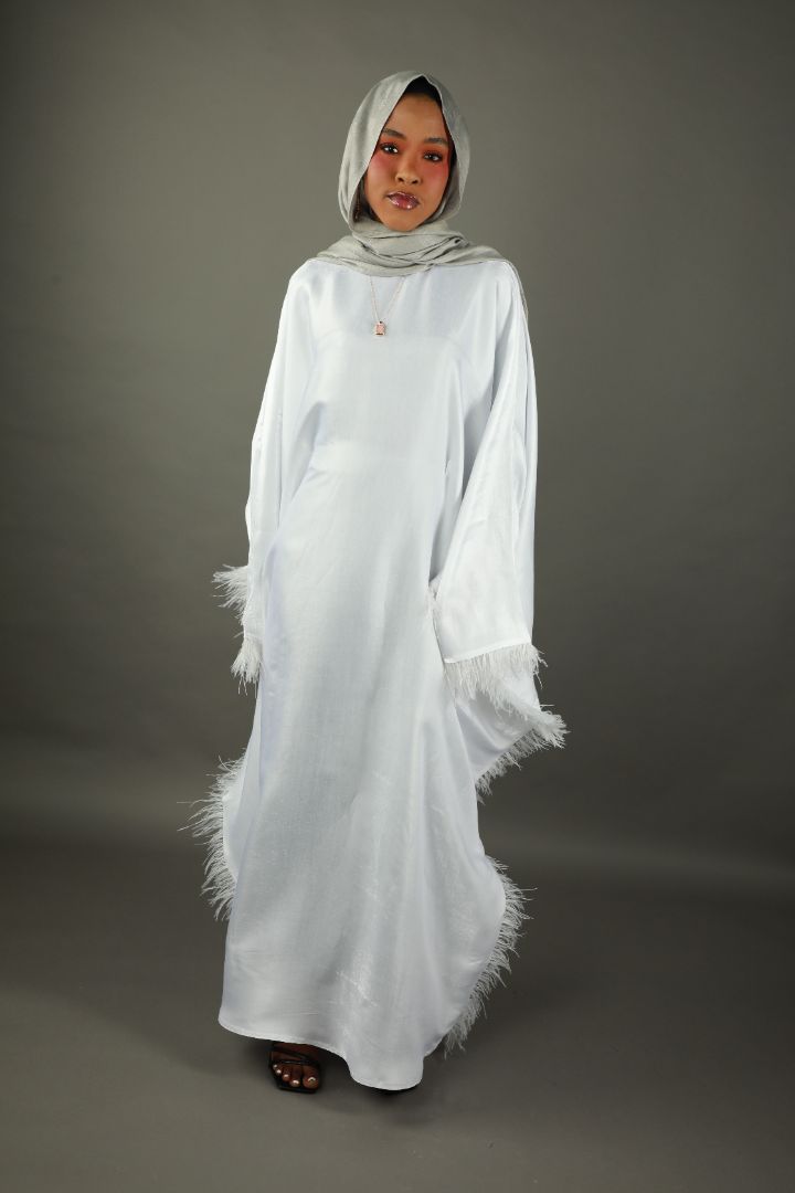 Butterfly Abaya - Two Tone Shimmer Full Feathers - White