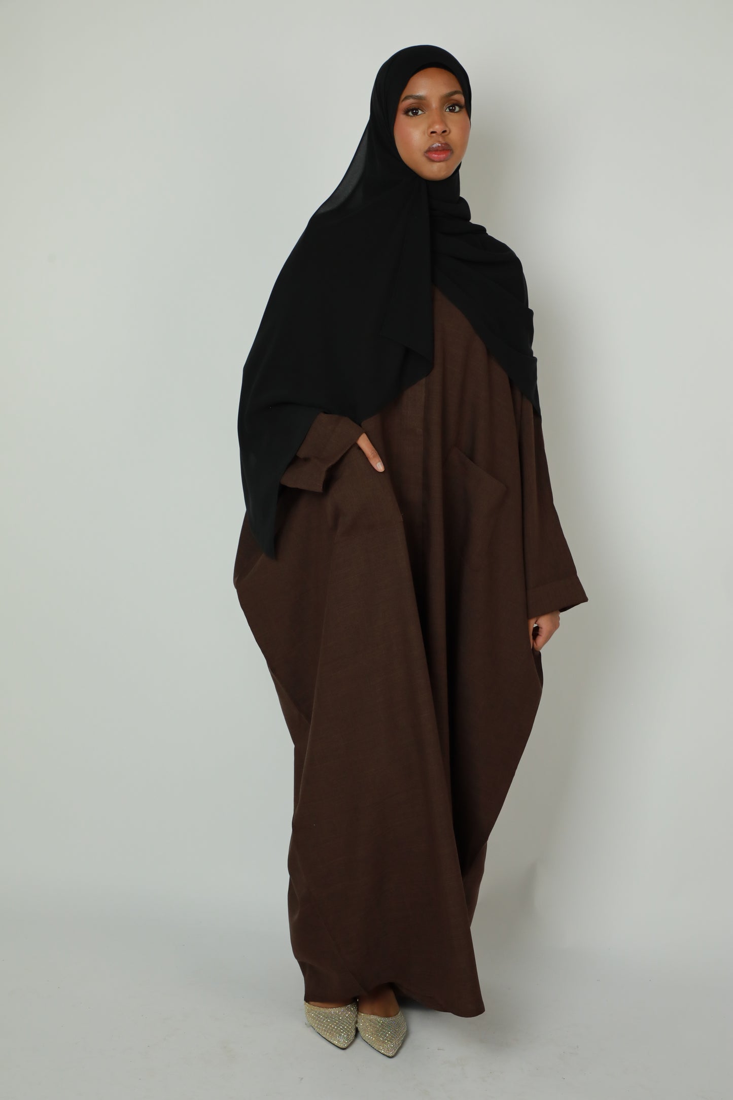 Linen Winter Open Abaya - Brown