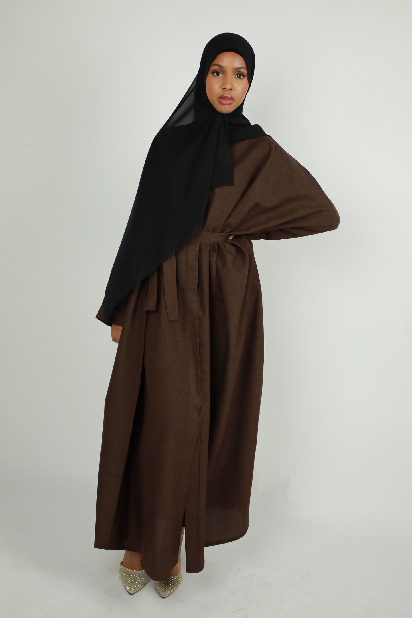 Linen Winter Open Abaya - Brown