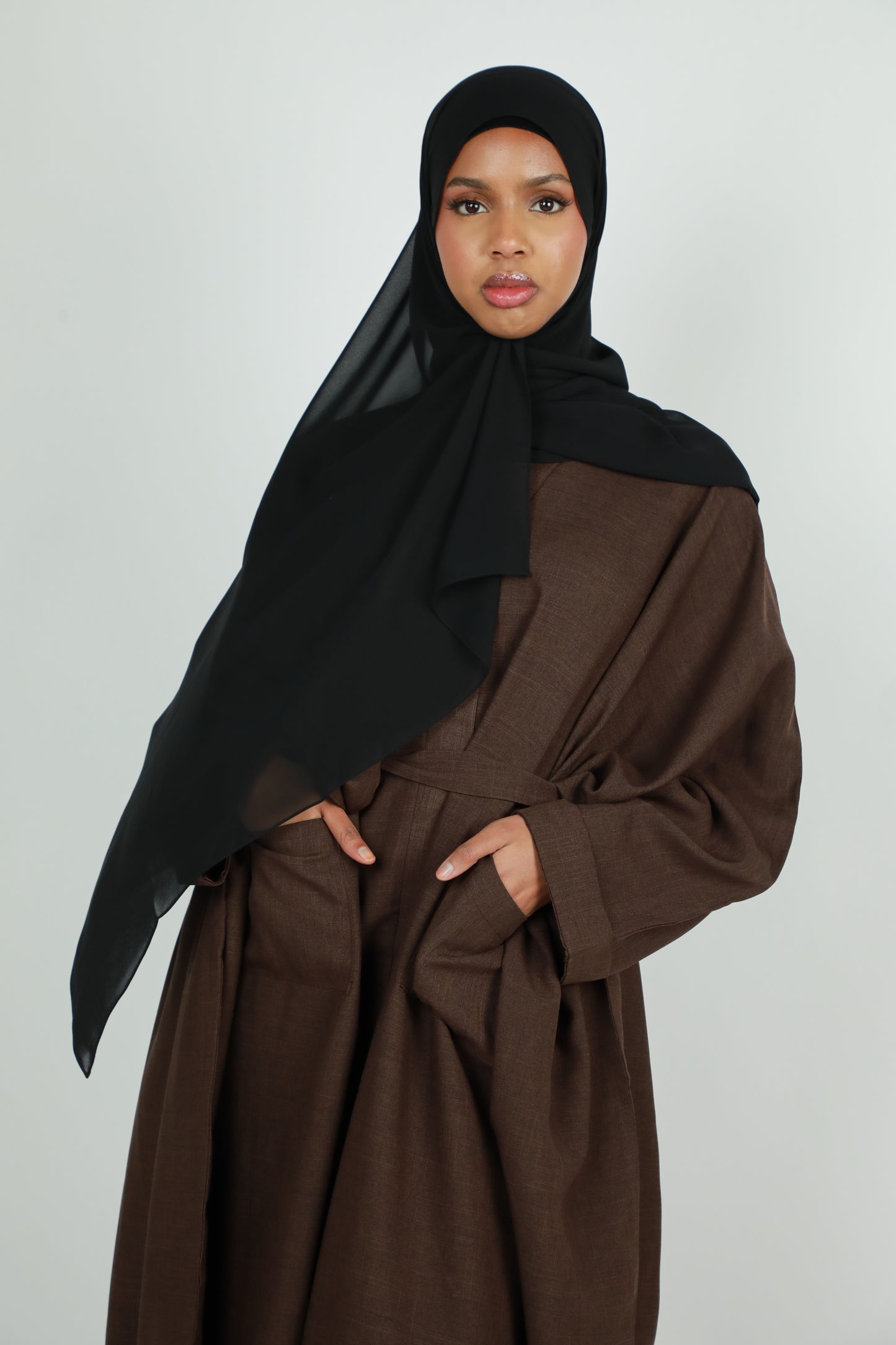 Linen Winter Open Abaya - Brown