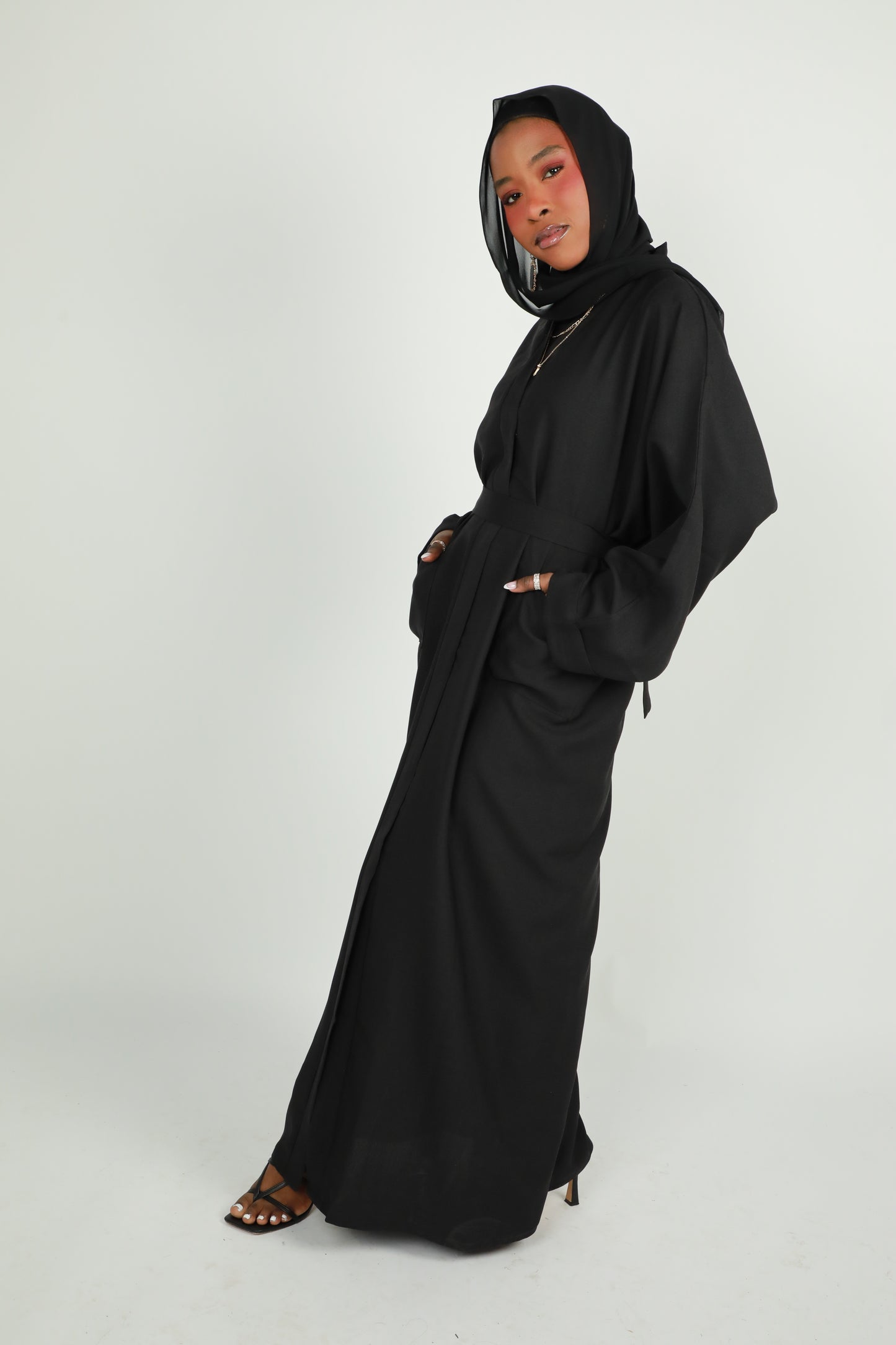 Linen Winter Open Abaya - Black