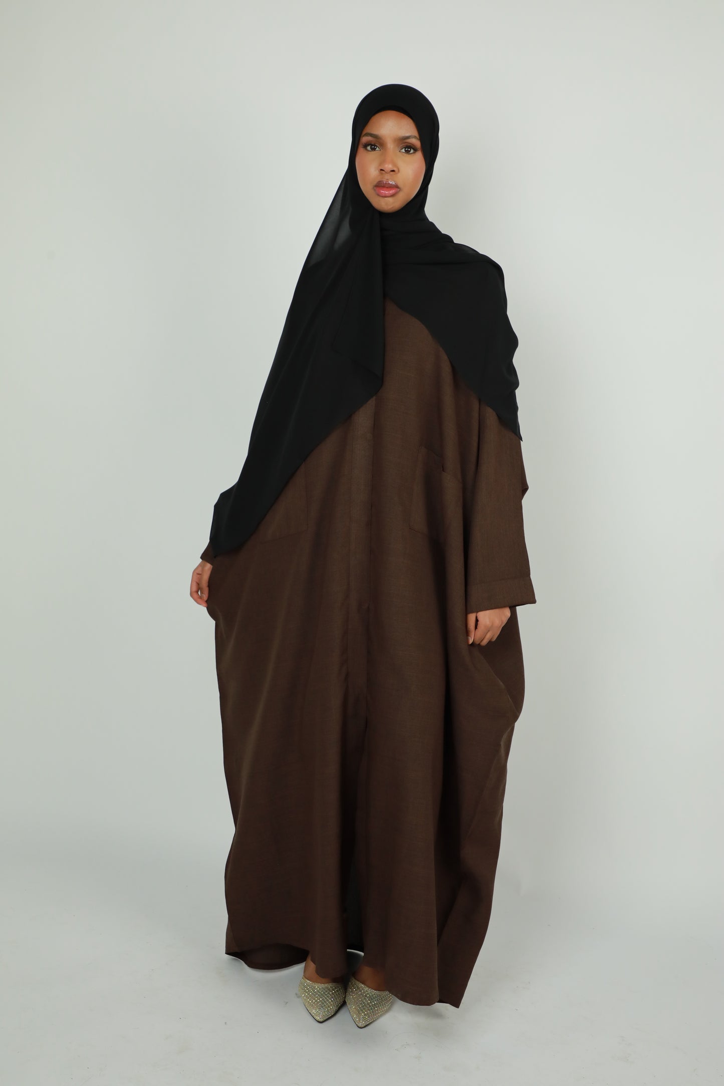 Linen Winter Open Abaya - Brown