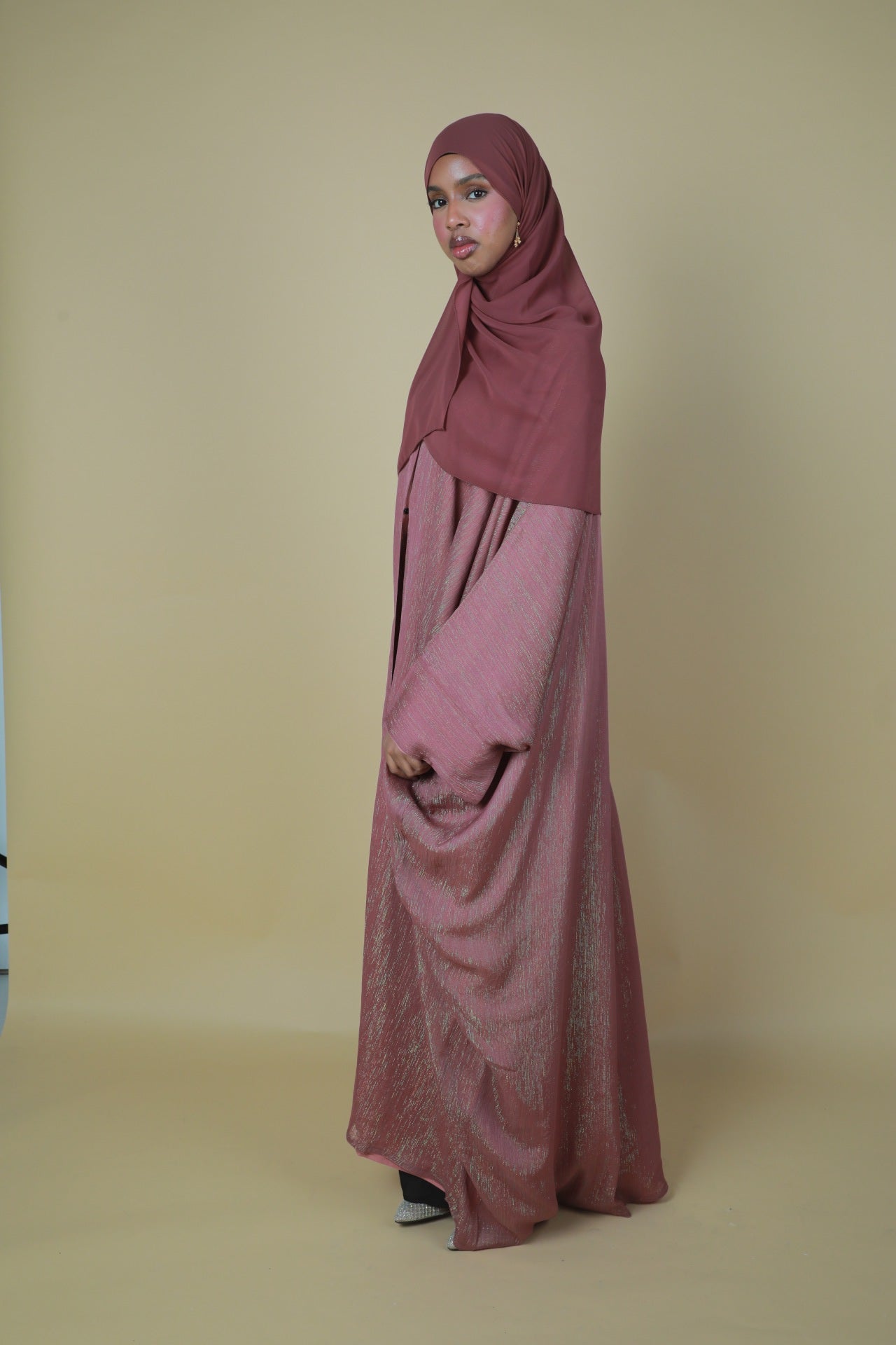 Glitter Open Abaya (Hijab Included) - Dark Pink