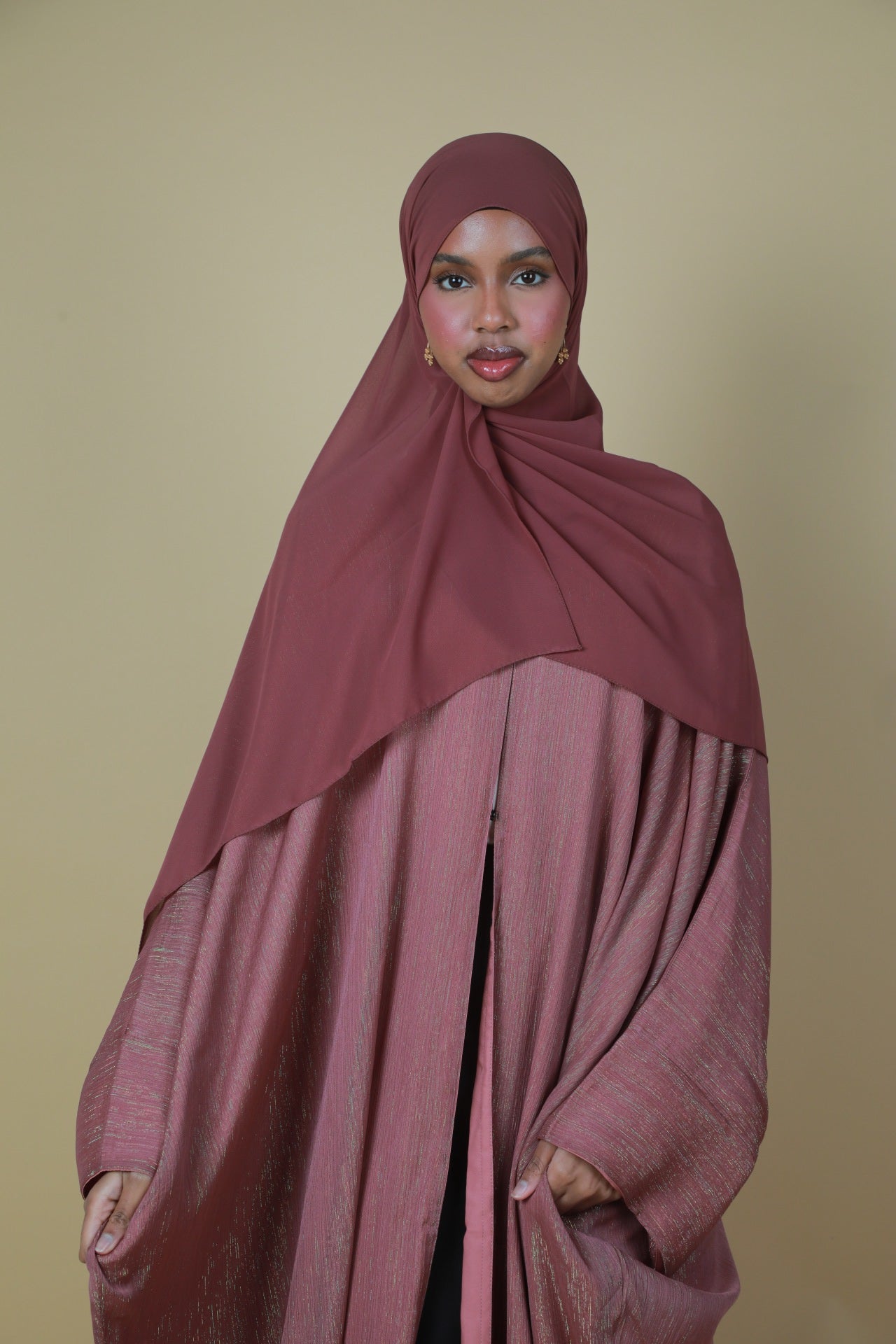 Glitter Open Abaya (Hijab Included) - Dark Pink