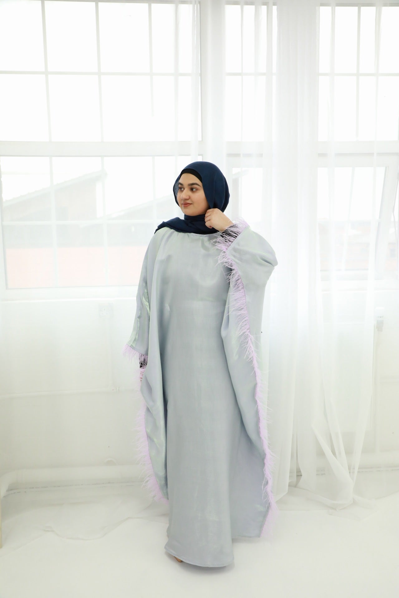 Butterfly Abaya - Two Tone Shimmer Full Feathers - Grey/Lilac