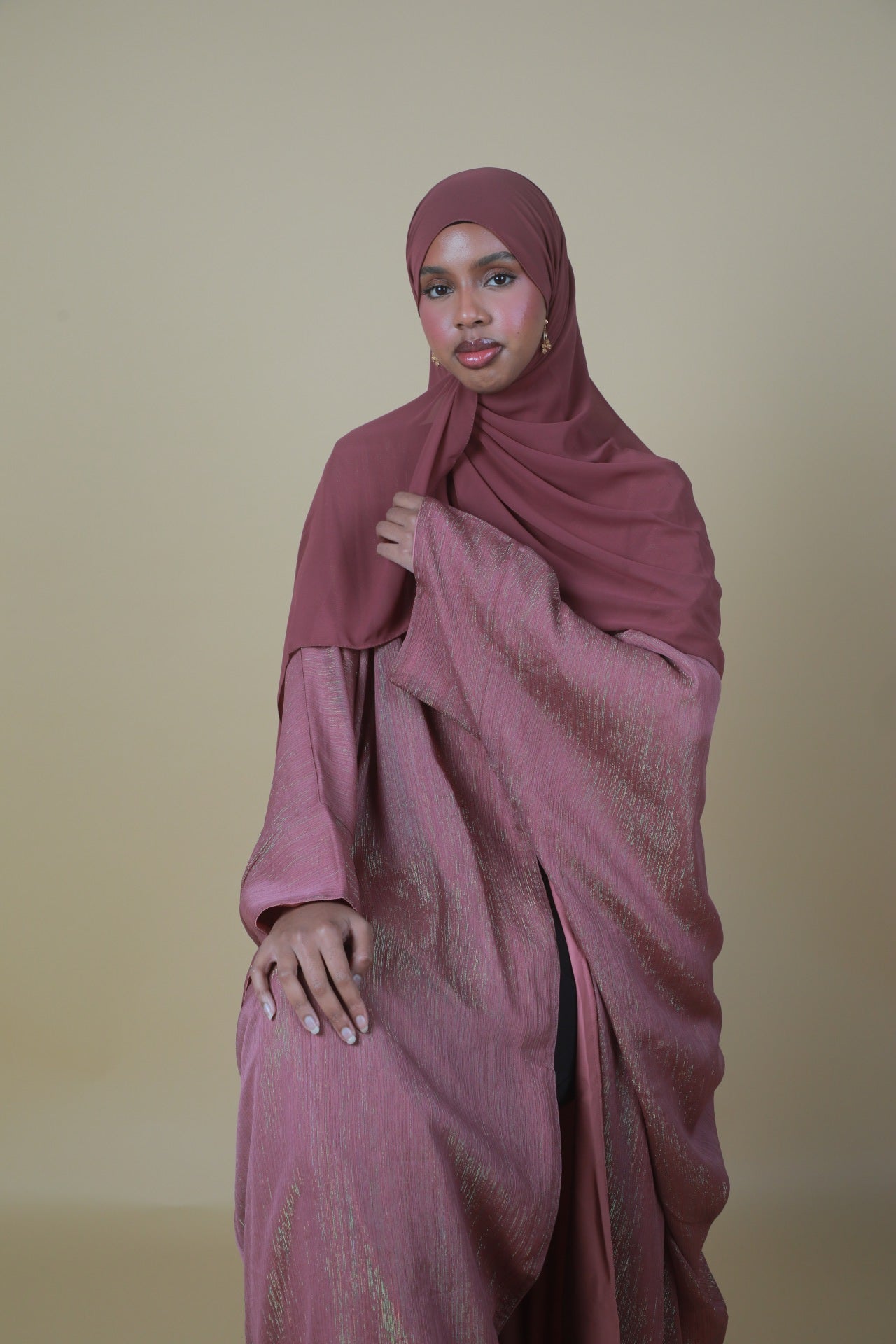 Glitter Open Abaya (Hijab Included) - Dark Pink