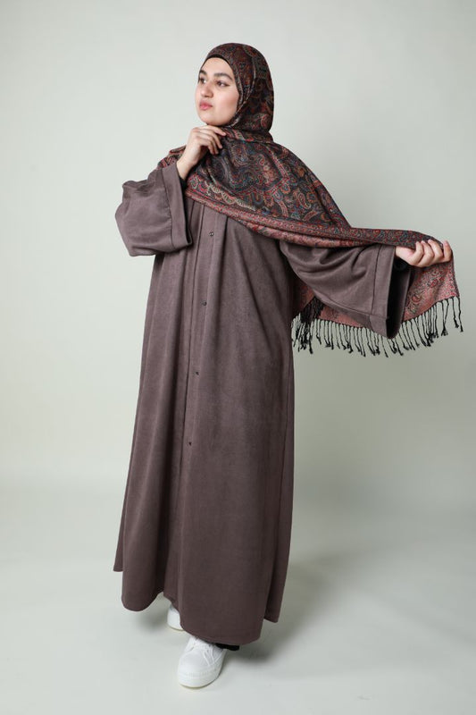 Suede Abaya Coat - Brown
