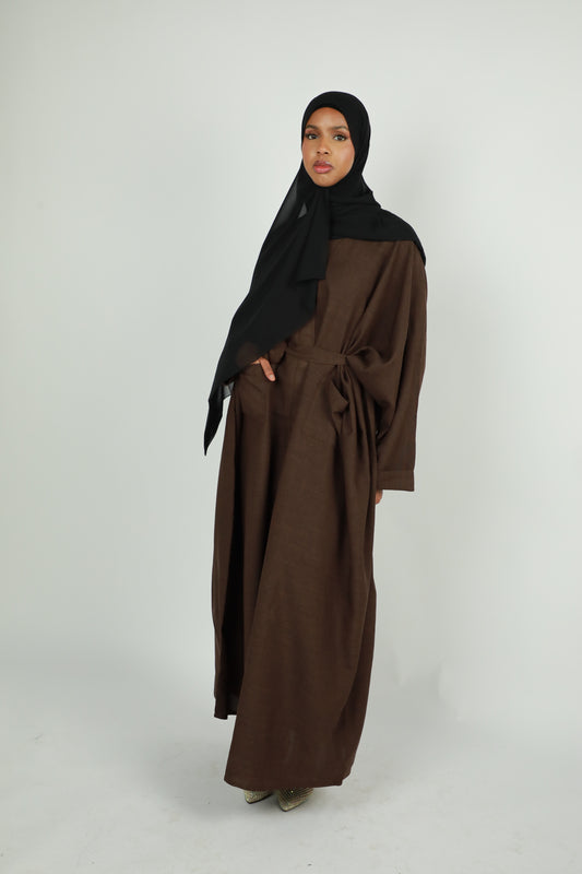 Linen Winter Open Abaya - Brown