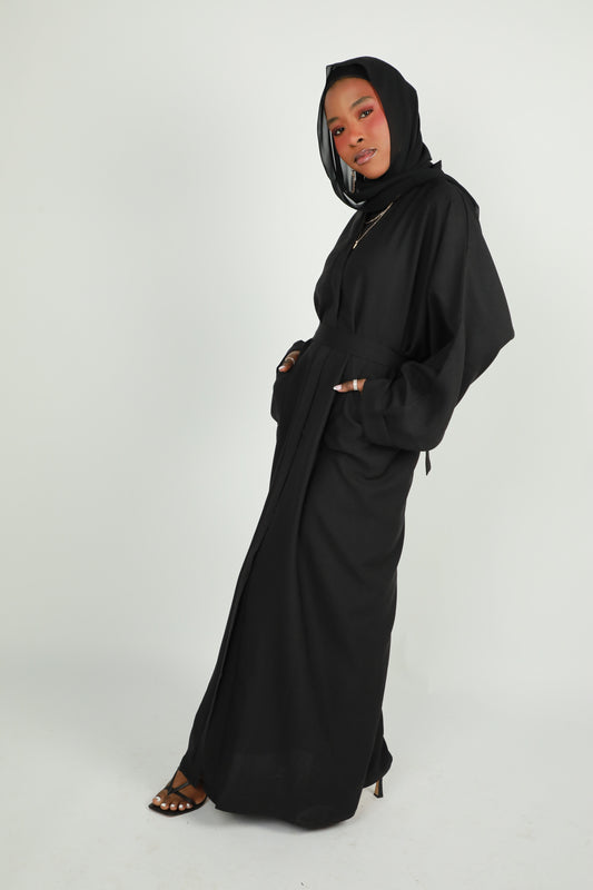Linen Winter Open Abaya - Black