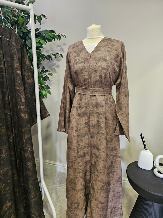 Jacquard Linen Open Abaya - Light Brown