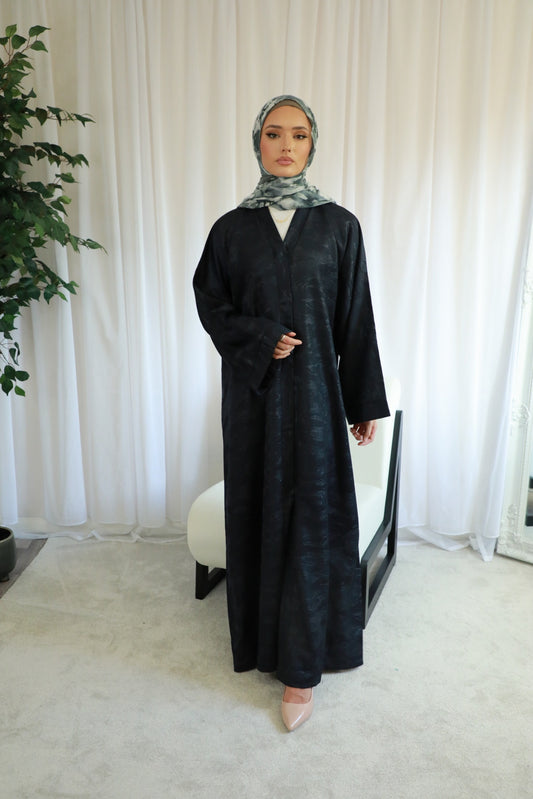 Metallic Jacquard Open Abaya - Black