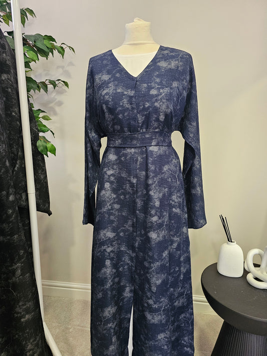 Jacquard Linen Open Abaya - Navy Blue