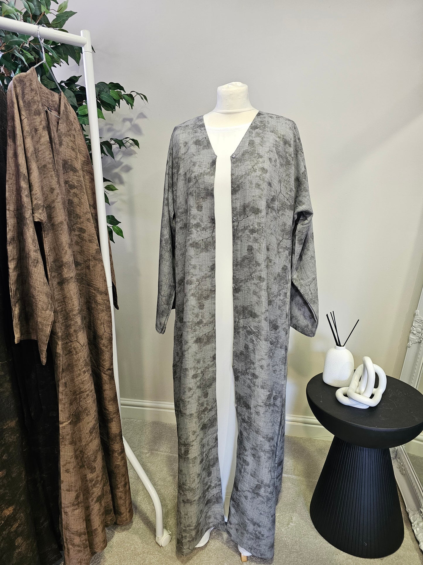Jacquard Linen Open Abaya - Grey