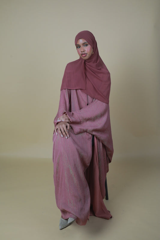 Glitter Open Abaya (Hijab Included) - Dark Pink