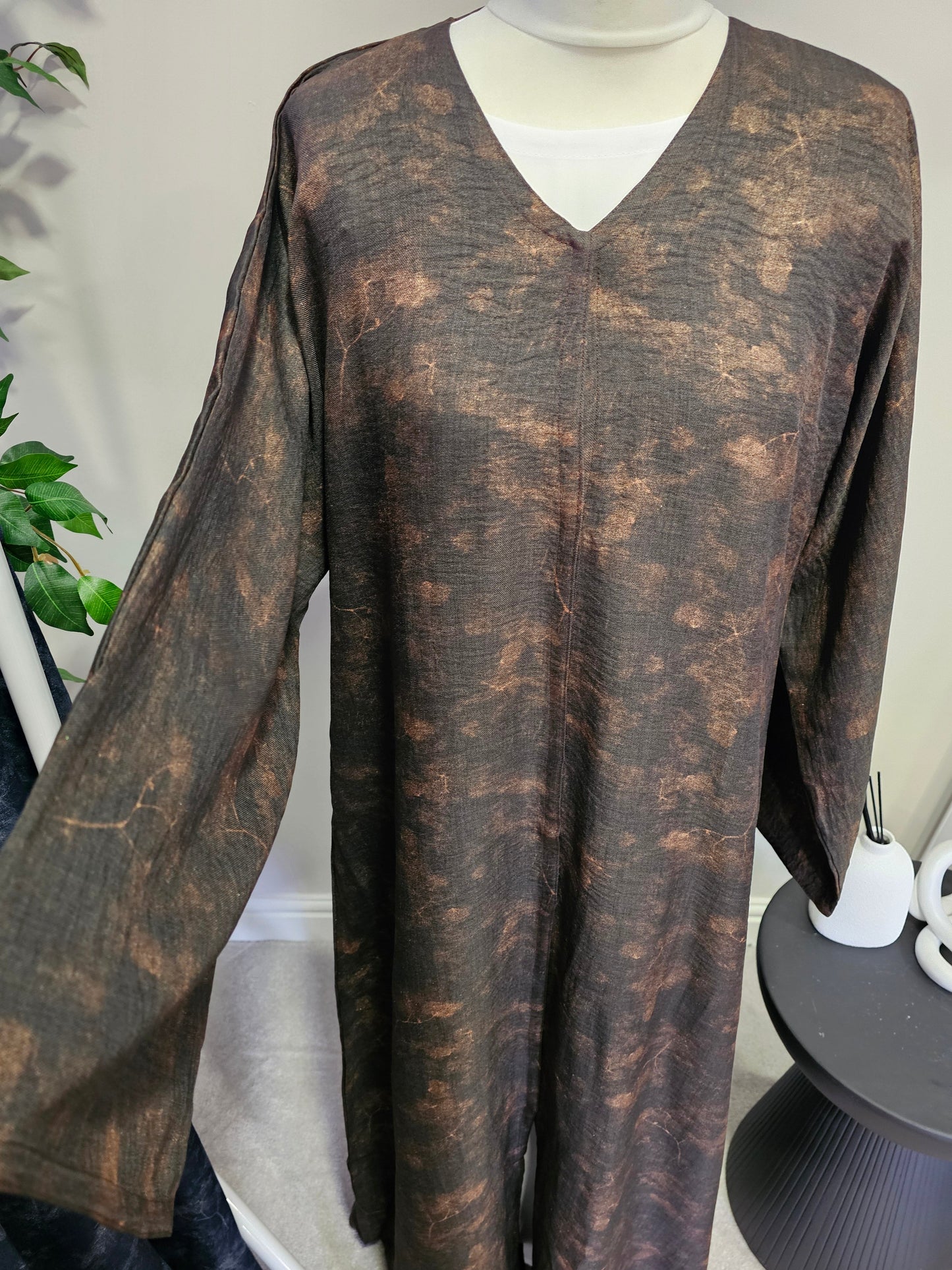 Jacquard Linen Open Abaya - Dark Brown