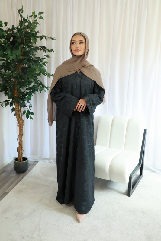 Metallic Jacquard Open Abaya - Navy Blue