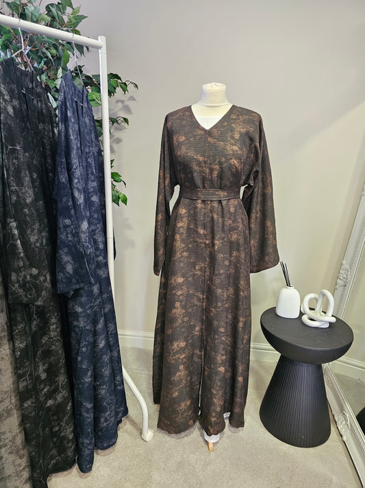Jacquard Linen Open Abaya - Dark Brown