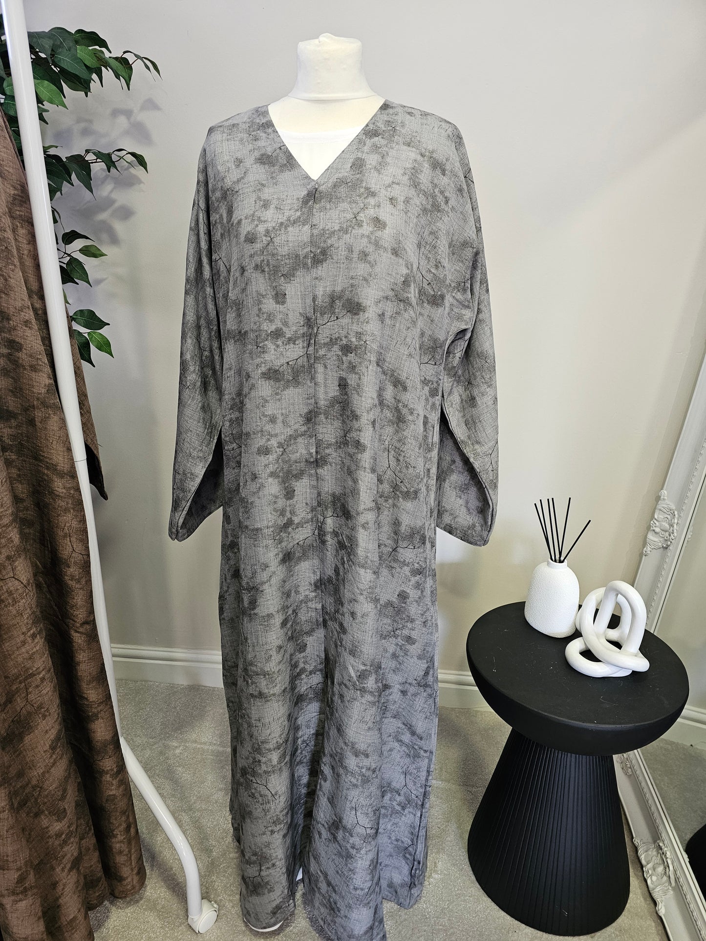 Jacquard Linen Open Abaya - Grey
