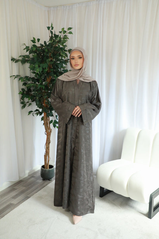 Metallic Jacquard Open Abaya - Light Brown