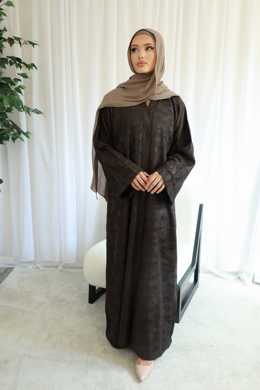 Metallic Jacquard Open Abaya - Dark Brown
