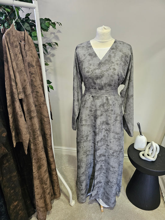 Jacquard Linen Open Abaya - Grey