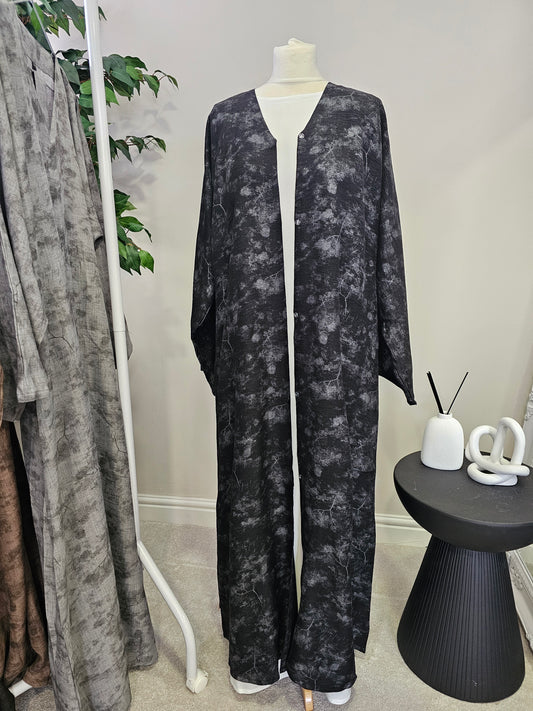 Jacquard Linen Open Abaya - Black