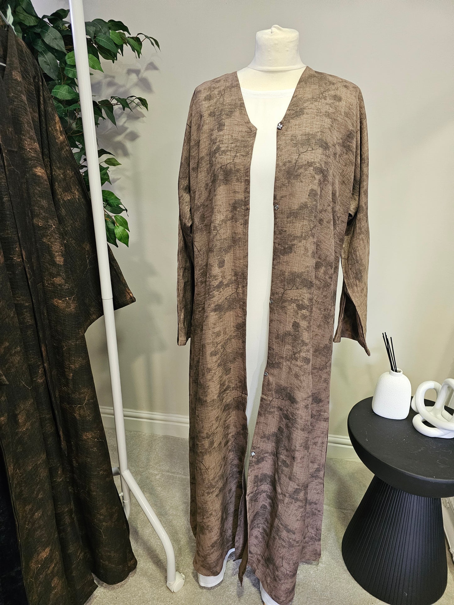 Jacquard Linen Open Abaya - Light Brown