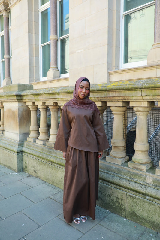 Asymmetrical Top With Matching Skirt Co-Ord - Mocha